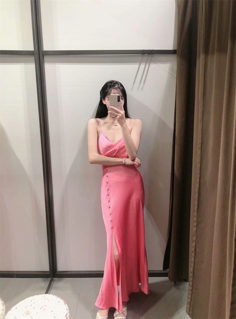 Silk Texture Suspenders Sexy Split Long Dress