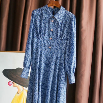 Ladies Blue Small Floral Crystal Button Silk Dress