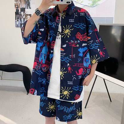 Fashion Ice Silk Short Sleeve Flower Shirt Suit For Men