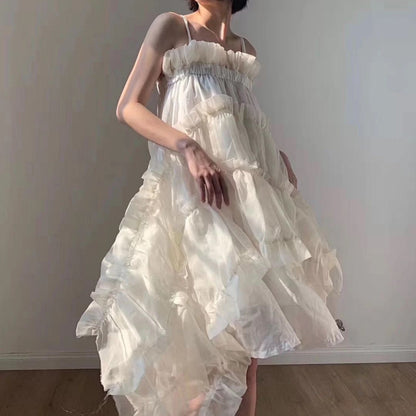 Niche Dark Artificial Silk Irregular Pleated Lace Sling Dress