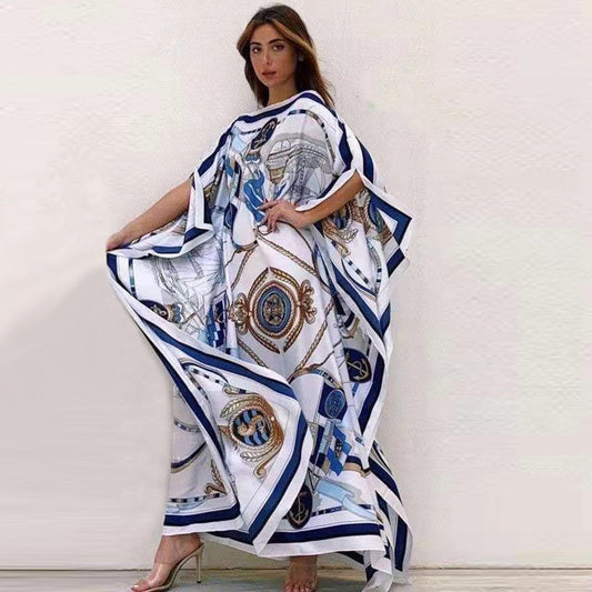 Printed Knitted Silk Dress With Large Sleeves And Loose