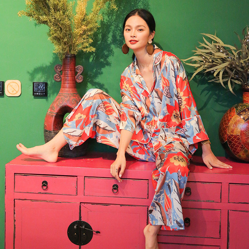 Printed Two-Piece Outerwear Loose Simulated Silk Homewear Set