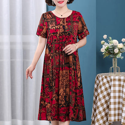 Plus Size Middle-aged And Elderly Cotton Silk Meat-covering Dress