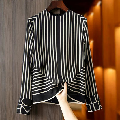 French High-end Vintage Stripe Silk Shirt For Women