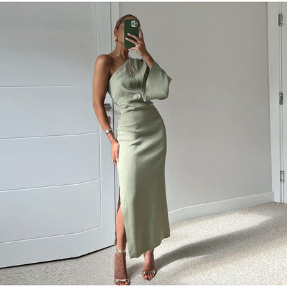 Oblique One-shoulder Silk Twill Texture Slim Dress