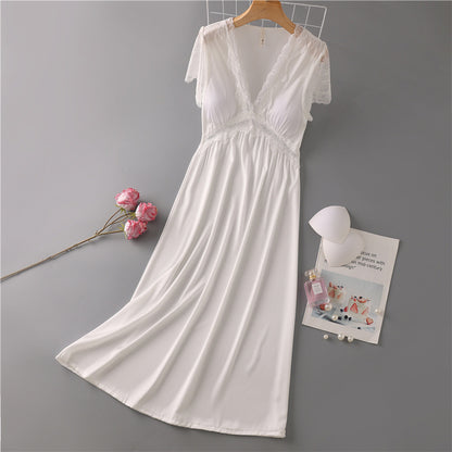 Nightdress Female Ice Silk Sexy Dress Mid-length Lace