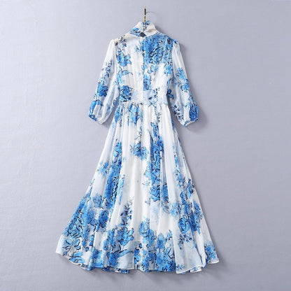 Silk Collar Blue And White Porcelain Printed Chiffon Fashion Dress