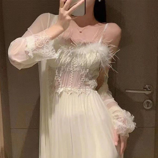 Feather Slip Nightdress Long Ice Silk Pajamas