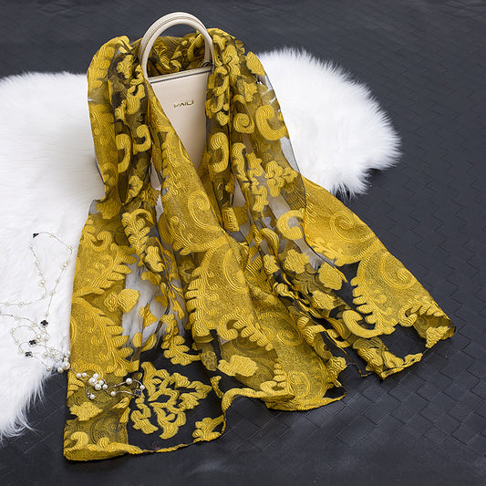 Lace Stitching Cut Flower Paisley Silk Scarf
