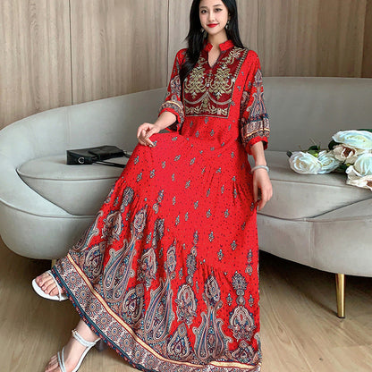 Long Skirt, Ethnic Style Dress, Women's Summer Cotton Silk Floral Print