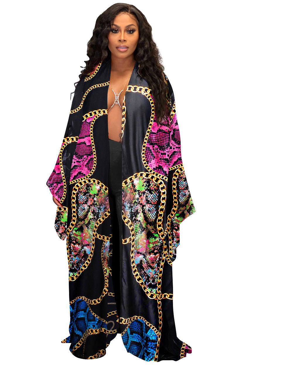 Kimono Silk-like Multi-print Coat