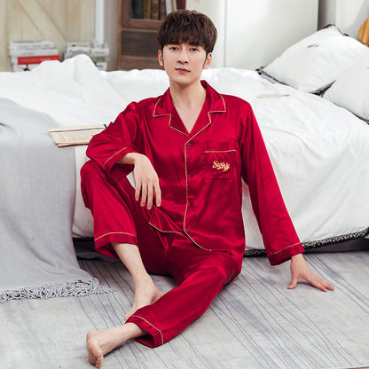 Ice Silk Couple Pajamas Spring And Summer Long-sleeved Printed Silk Pajamas