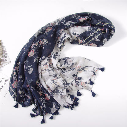 Vintage Vine Flower Print Handmade Fringed Silk Scarf