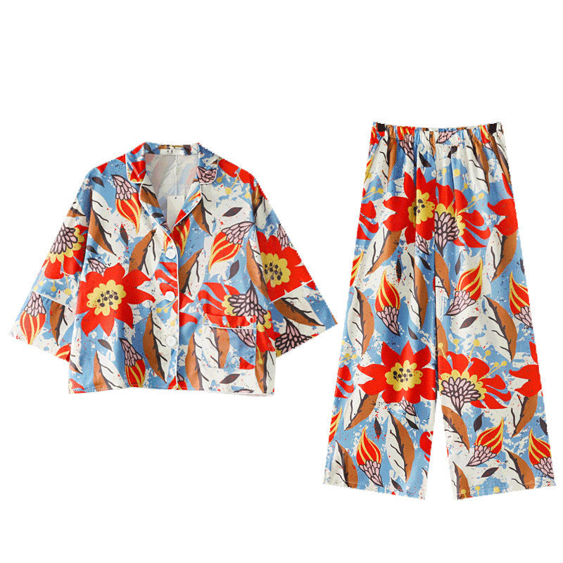 Printed Two-Piece Outerwear Loose Simulated Silk Homewear Set