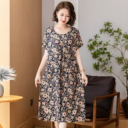 Middle-aged And Elderly Women's Cotton Silk Printing Maxi Dress