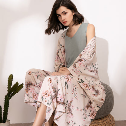 Cotton Silk Three-piece Pajamas Comfortable Long-sleeved Coveralls
