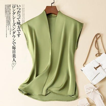 Silk V-neck Shirt Western Style Loose Sleeveless T-shirt