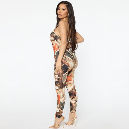 Printed Milk Silk Suspender Jumpsuit