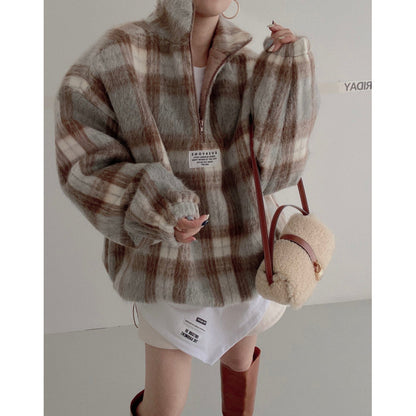 PlaidAura Stand Collar Woolen Sweater