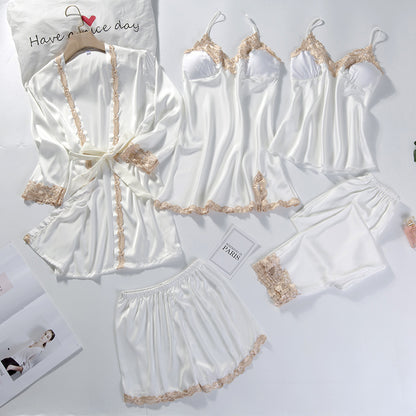 Spring Women's Summer Ice Silk Pajamas Five-piece Set