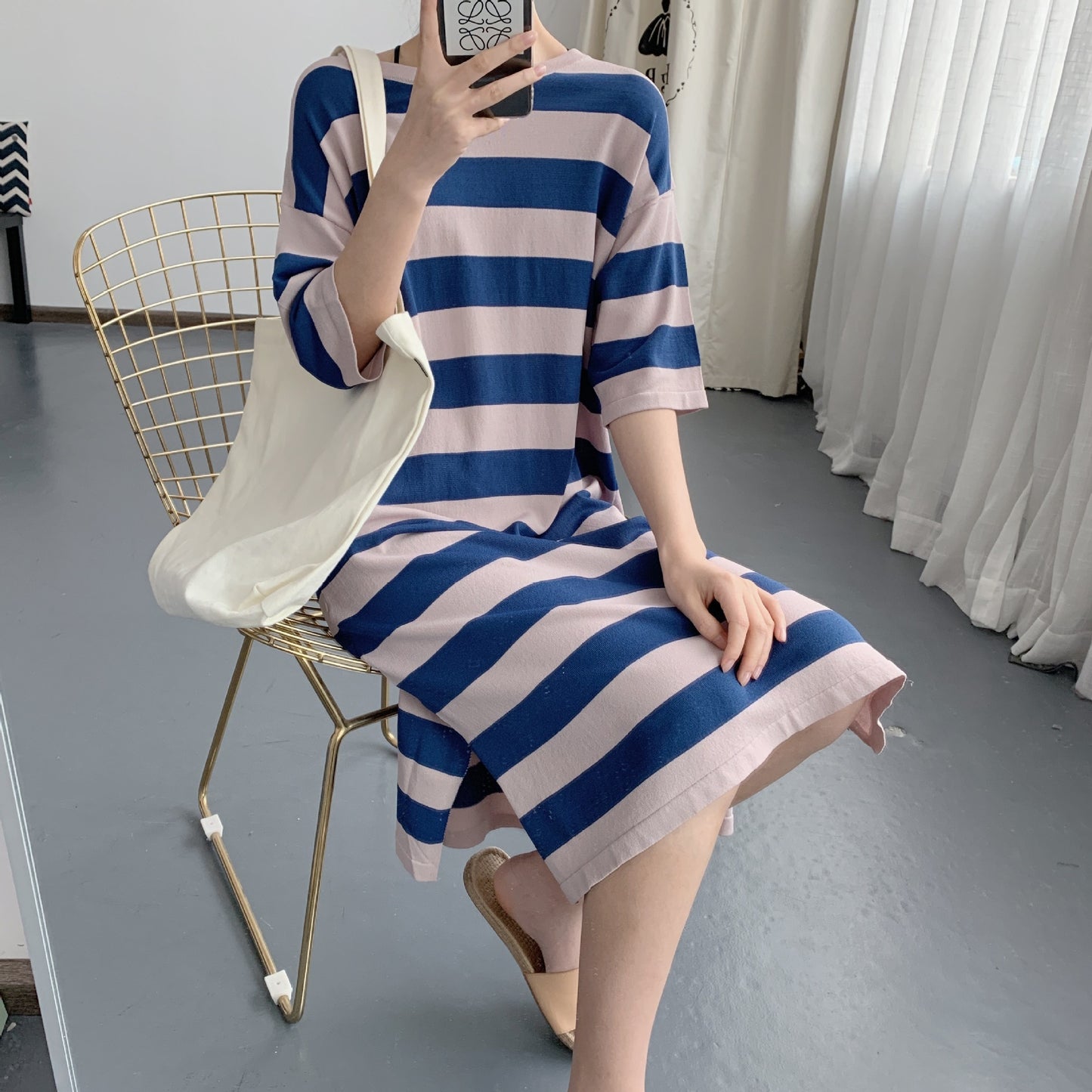 Navy Wind Loose And Thin Ice Silk Knit Dress