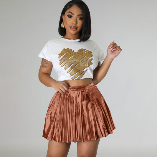 Ice Silk Bronzing Pleated Skirt Zipper Elastic Waist