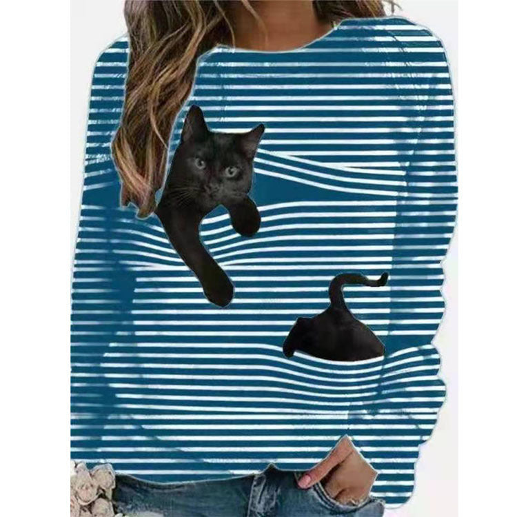 3D Cartoon Pattern Round Neck Stripe Long Sleeve T-shirt