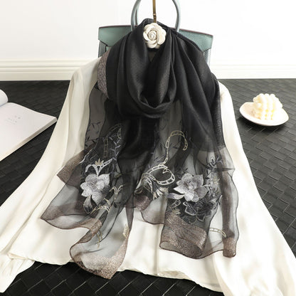 Elegant All-match Peony Silk Wool Embroidered Fashion Scarf