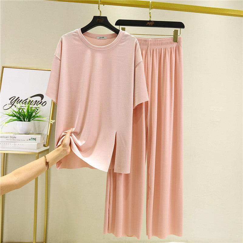 Loose Summer Women's Ice Silk Thread Mask Short Sleeve Slit Pajamas