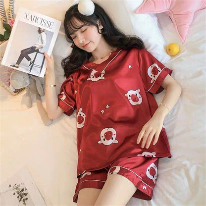 Women's Loose Casual Short Sleeve Ice Silk Pajama Set