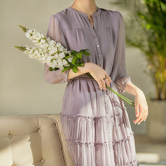Light Smoked Purple  Silk Gathered Lace-Up Dress