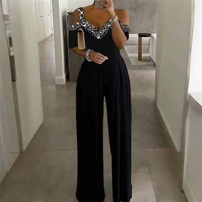 GlamVerve Rhinestone V-Neck Jumpsuit