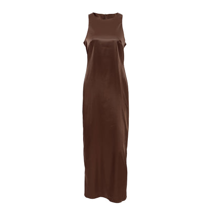 Silk-like Satin Surface Round Neck Vest Dress