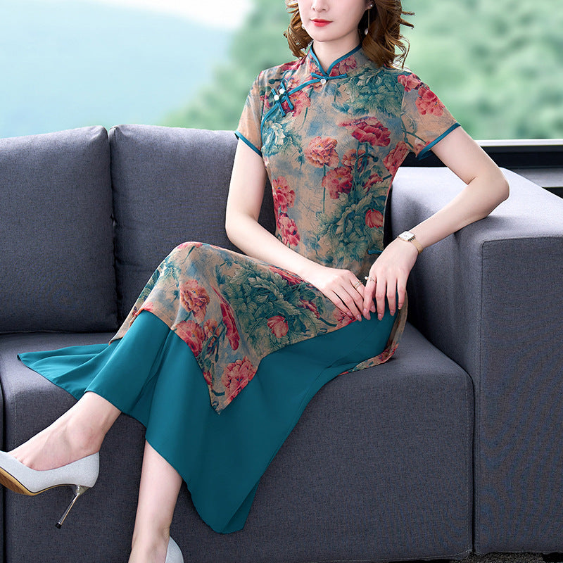 Chinese Style Graceful And Fashionable Slim-fit Silk-like Cheongsam Dress
