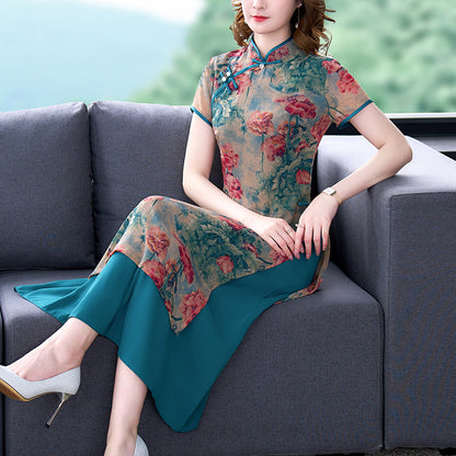 Chinese Style Graceful And Fashionable Slim-fit Silk-like Cheongsam Dress