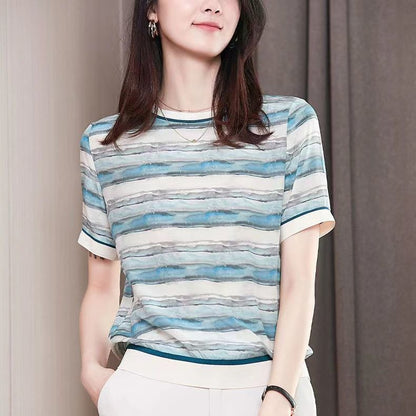 Artificial Silk Loose Slimming Ice Silk Top Printed Chiffon Shirt Fashionable Temperament Short Sleeve T-shirt