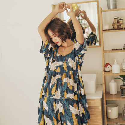 Cotton Silk Three-piece Pajamas Comfortable Long-sleeved Coveralls