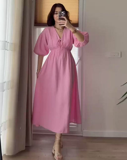 Women's Sweet V-neck Puff Sleeve Short Sleeve Dress