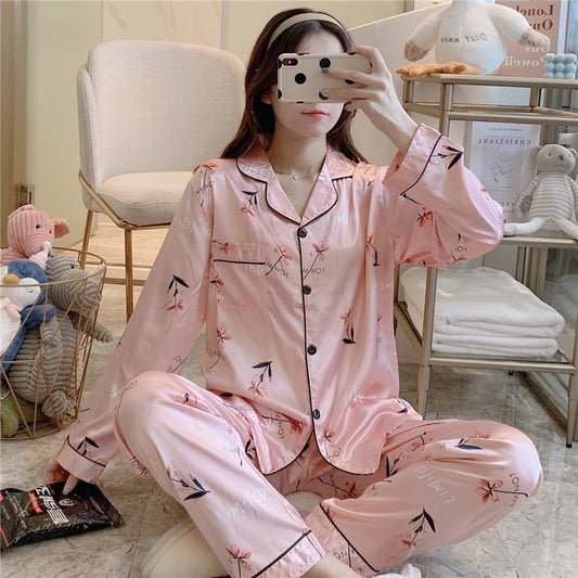 Ice Silk Pajamas Women's Long-sleeved Trousers Two-piece Set