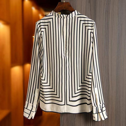 French High-end Vintage Stripe Silk Shirt For Women