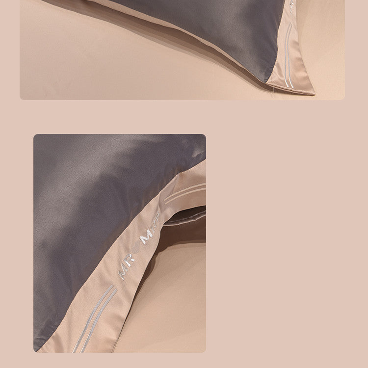 Temperament Light Gray Embroidery Ice Silk Four Piece Set