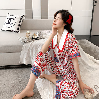 Silk Japanese Short Sleeved Suit Simulation Silk Trousers Cardigan Home Summer