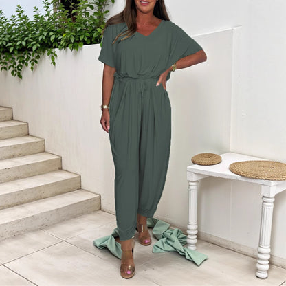 V-neck Jumpsuit Lace-up Waist Loose Solid Color Suit