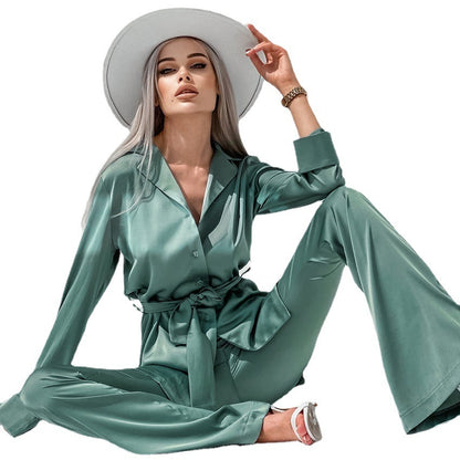 Satin Imitation Silk Green Flared Sleeve Long-sleeved Trousers Suit