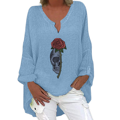 Halloween Themed Print V-neck Cotton Linen Long Sleeve Shirt For Women