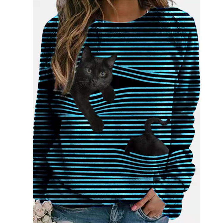 3D Cartoon Pattern Round Neck Stripe Long Sleeve T-shirt