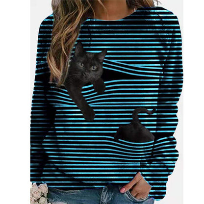 3D Cartoon Pattern Round Neck Stripe Long Sleeve T-shirt