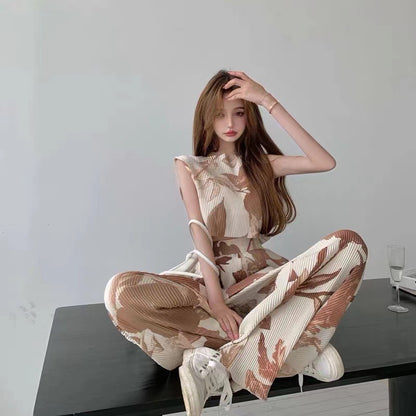 Ice Silk Thread T-Shirt High Waist Wide Leg Suit