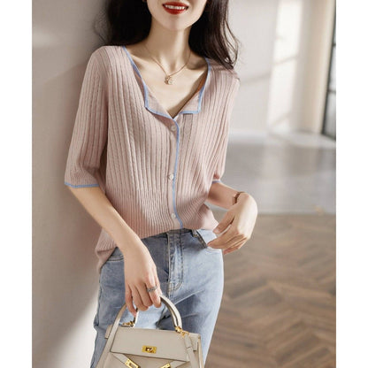 Loose V-Neck Mid-Sleeve Ice Silk Knit Cardigan Top