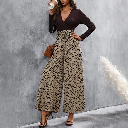 Elegant Women's One-piece Elegant Long-sleeved V-neck Top Wide-leg Pants